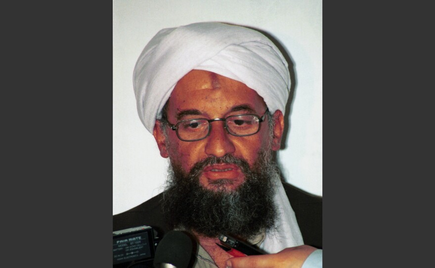 A 1998 file photo of Ayman al-Zawahri speaking at a news conference in Khost, Afghanistan. The reclusive al-Qaida leader says he has pledged support to the new chief of the Taliban, Mullah Akhtar Mansoor.