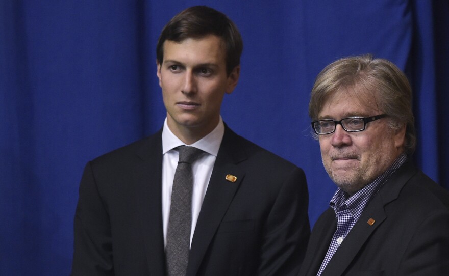 Jared Kushner and Stephen Bannon in September 2016 in Canton, Ohio.