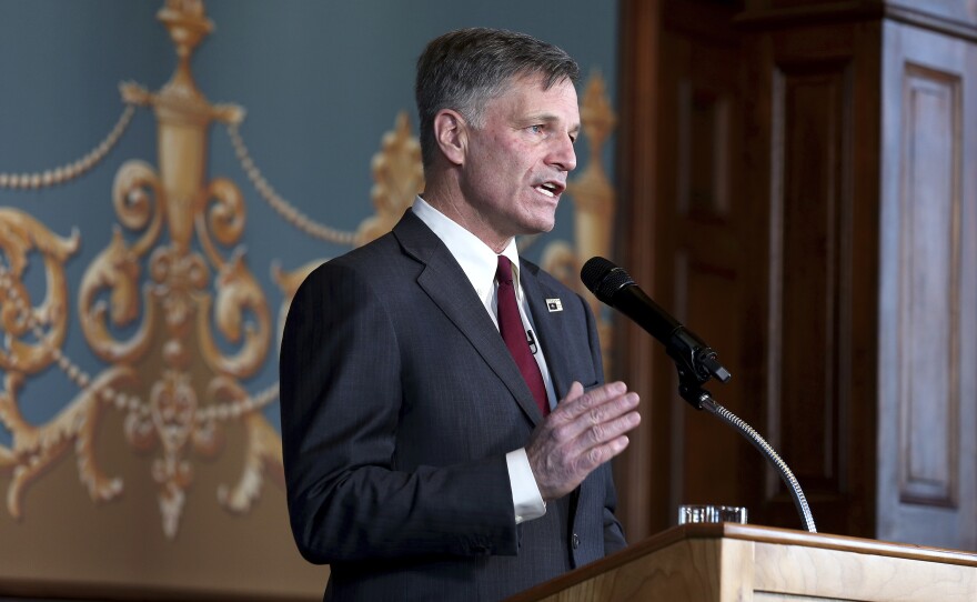 Wyoming Gov. Mark Gordon gives the State of the State address to the Wyoming Legislature on March 2, 2021, in Cheyenne, Wy.