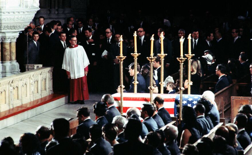 Mourners including his brother Ted Kennedy and President Lyndon Johnson attend the funeral of Robert Kennedy on June 8, 1968, at the St. Patrick's Cathedral in New York. Robert Kennedy was buried next to his brother John F. Kennedy at Arlington National Cemetery.