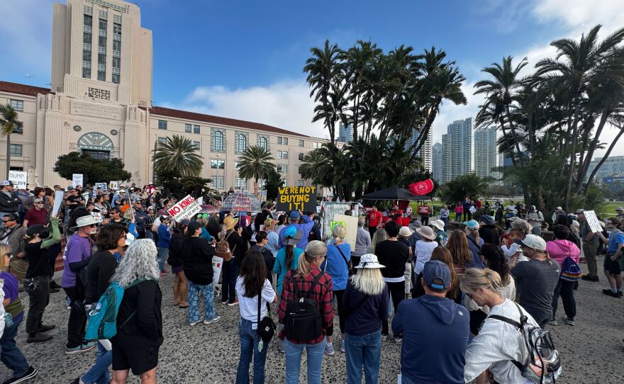 Protesters across San Diego join a nationwide walkout and demonstration against the Trump administration at the San Diego Administration Building on Jan. 20, 2026.