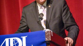Khizr Khan, standing behind a lectern at the Anti-Defamation League's No Place For Hate Leadership Conference in San Diego on Nov. 1, 2017. 