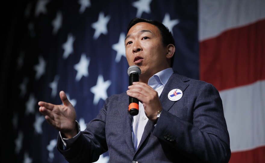 Democratic presidential candidate Andrew Yang speaks at the Iowa Democratic Wing Ding at the Surf Ballroom in Clear Lake, Iowa.