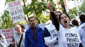 Health care reform supporters protest outside the building where Aetna insurance offices are located September 29, 2009 in New York City. 