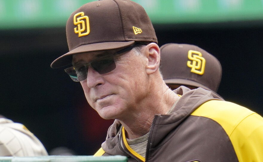 San Diego Padres manager Bob Melvin stands in the dugout during the first inning of a baseball game against the Pittsburgh Pirates in Pittsburgh, May 1, 2022.