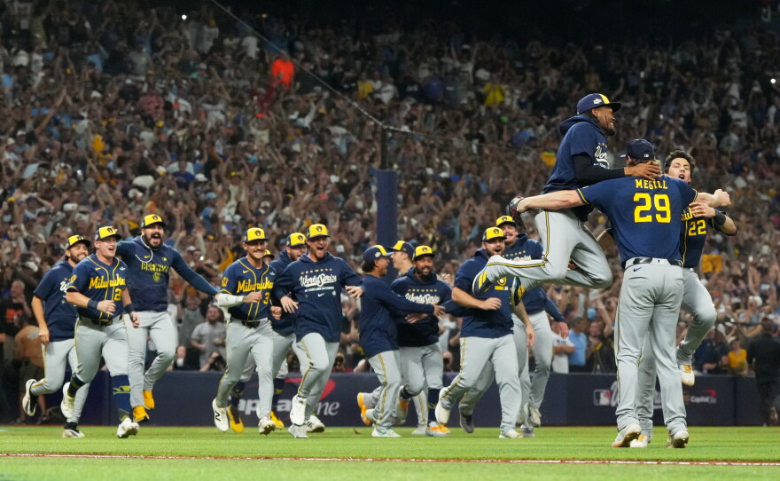 The Milwaukee Brewers celebrate after winning baseball's World Series against the Tampa Bay Rays, Wednesday, Oct. 28, 2026, in St. Petersburg, Fla.