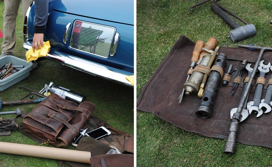 <strong>Left:</strong> Ferrari specialist, Tom Shaughnessy, assembles a tool kit for his client's 1952 Ferrari 212 Inter Ghia Cabriolet before judging. The car is owned by Jimmy Page of Boca Raton, Fla. <strong>Right: </strong>Shaughnessy's assembled tool kit for this specific car.