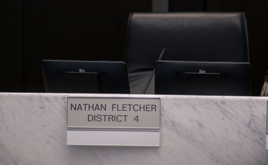The San Diego County Board of Supervisors officially called for the immediate resignation of Supervisor Nathan Fletcher in a unanimous vote for a resolution of no confidence. Fletcher has been accused of sexual assault and harassment of former Metropolitan Transit System employee Grecia Figueroa. Fletcher announced his resignation would be on May 15, however, the Board of Supervisors is calling for his immediate removal. District 4 Supervisor Nathan Fletcher’s seat is empty in chambers while the other Supervisors cast a unanimous vote of no confidence in him, April 11, 2023.