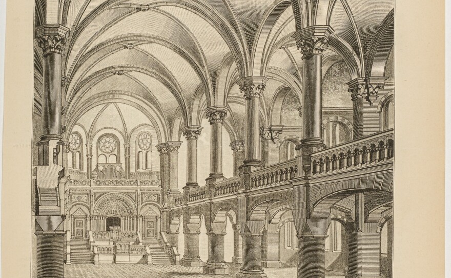 Interior of the main synagogue in Munich. Wood engraving by P. Meurer; Albert Schmidt (architect); <em>Deutsche Bauzeitung</em>; 1886.