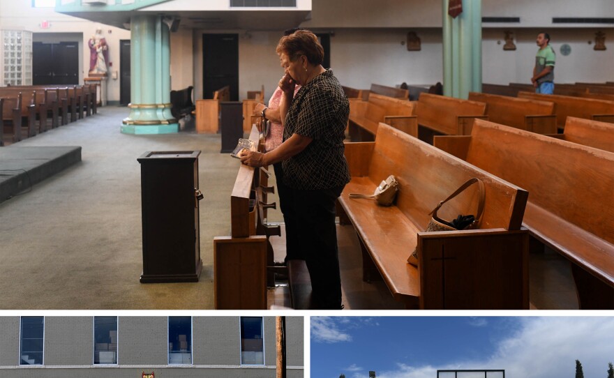(Top) Sacred Heart Catholic Church, in downtown El Paso, during a service. The people at the service wouldn't comment on whether they vote. (Bottom left) Street art portrays the sister cities of El Paso and Juárez, just across the border. (Bottom right) Diego Ramerez (left) and Daniel Sanchez (right), both 16, play basketball in downtown El Paso at their school, the Lydia Patterson Institute.
