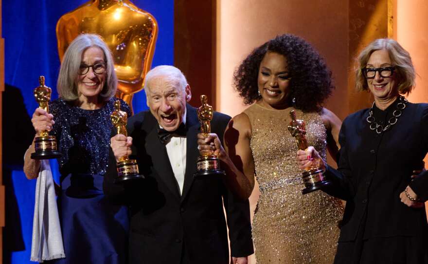 What you did NOT see on the Oscar telecast: Carol Littleton, Mel Brooks, Angela Bassett and Michelle Satter at the 14th Governors Awards in the Ray Dolby Ballroom at Ovation Hollywood on Tuesday, January 9, 2024