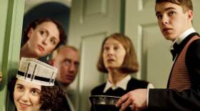 (left to right) Ellie Kendrick as Ivy Morris, Keeley Hawes as Lady Agnes Holland, Adrian Scarborough as Mr. Pritchard, Jean Marsh as Rose Buck and Nico Mirallegro as Johnny Proude