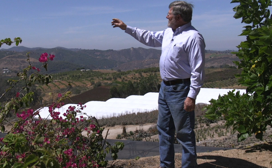 Steve Hutchison gestures toward the site of the proposed Lilac Hills Ranch development in Valley Center, April 29, 2015.