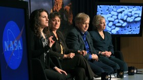 Felisa Wolfe-Simon, NASA astrobiology research fellow, speaks while flanked by Mary Voytek, NASA director, Astrobiology Program, Steven Benner, distinguished fellow Foundation for Applied Molecular Evolution and Pamela Conrad, astrobiologist, NASA's Goddard Space Flight Center, during a news conference at NASA Headquarters to announce a finding a potential new form of life on December 2, 2010 in Washington, DC.