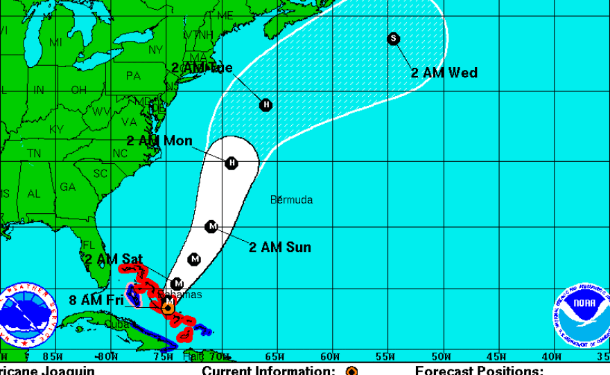 A National Hurricane Center graphic that shows a cone of likely storm tracks for Joaquin.