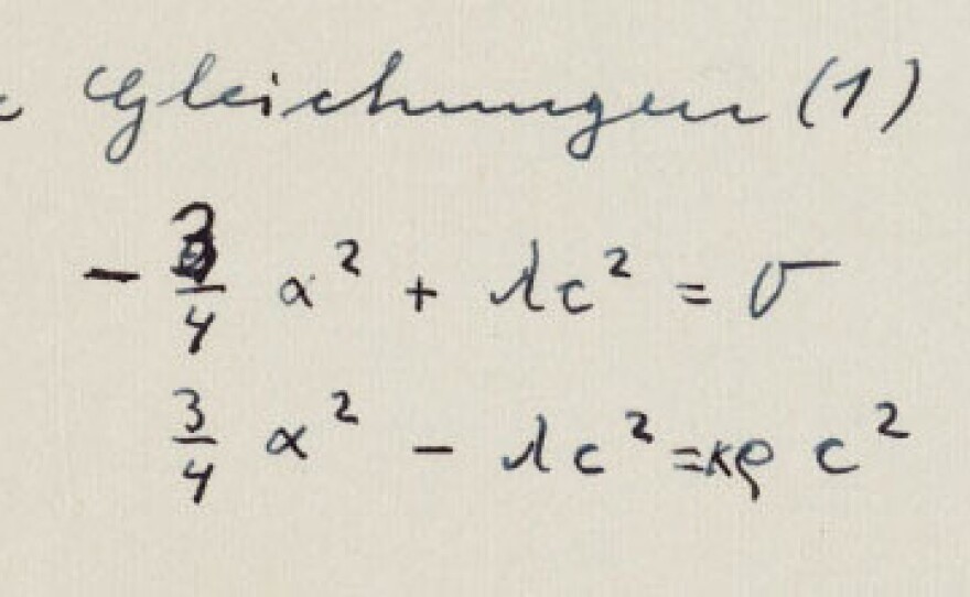 Einstein eventually caught a mistake in the upper equation and wrote over it in pen.