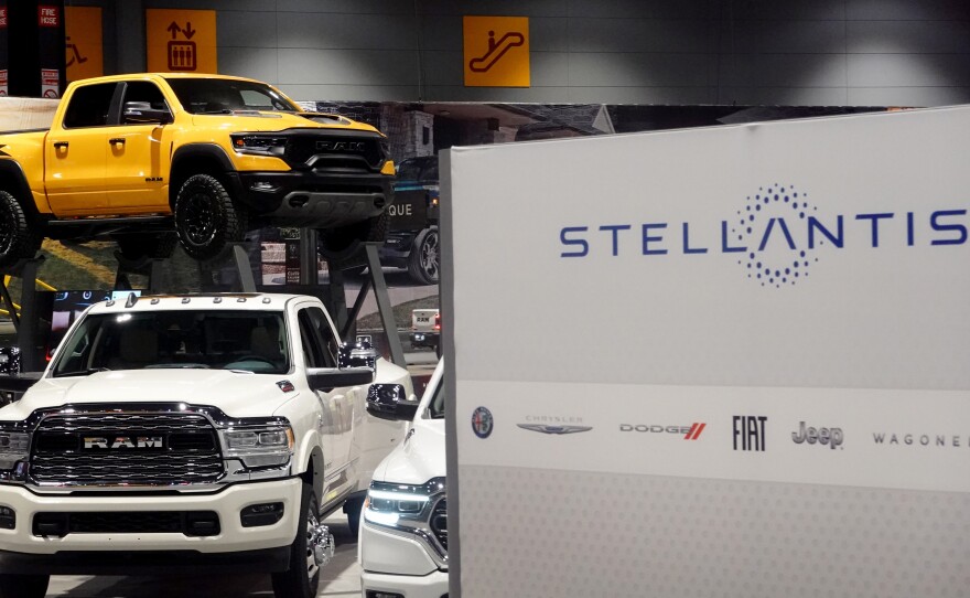 Stellantis shows off its Ram truck lineup at the Chicago Auto Show in Chicago on Feb. 9, 2023. The UAW ordered 6,800 union members to walk off their jobs at the company's lucrative Ram pickup assembly plant in Sterling Heights, Mich.
