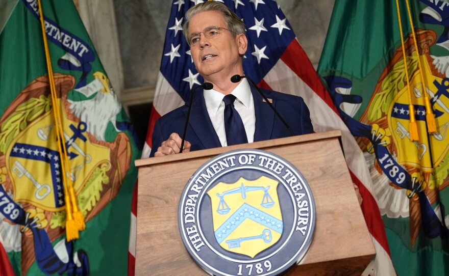 Treasury Secretary Scott Bessent speaks at a news conference at the Treasury Department in Washington, Monday.