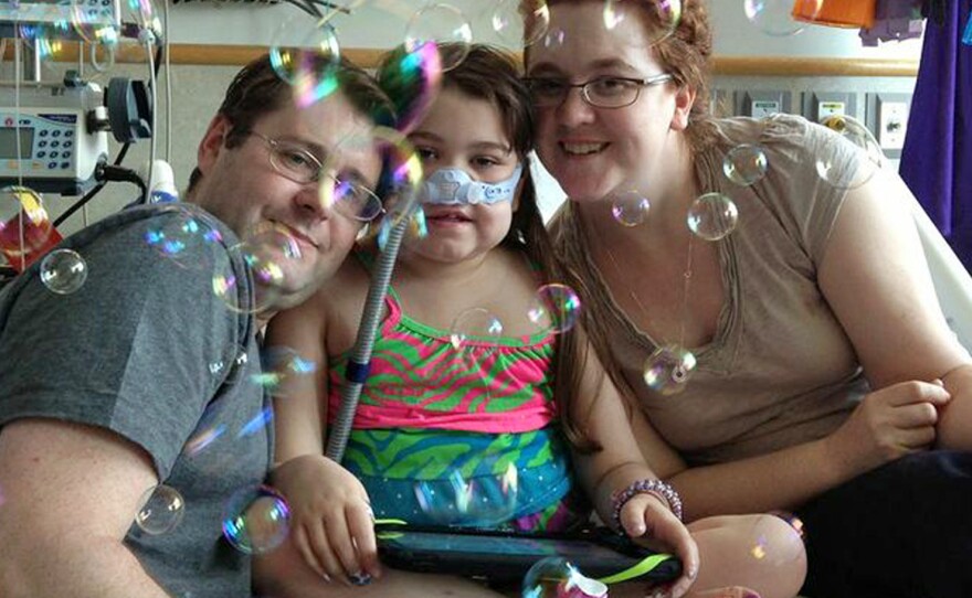 Sarah Murnaghan, on May 30, as she and her parents marked the 100th day of her stay in Children's Hospital of Philadelphia.