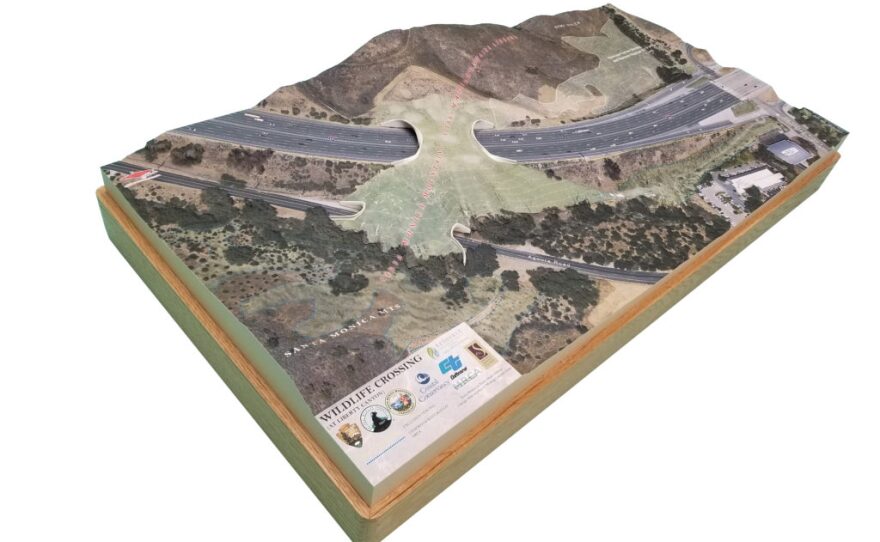 Resource Conservation District of the Santa Monica Mountains Model of the wildlife corridor bridge over a freeway north of Los Angeles in this undated photo. 