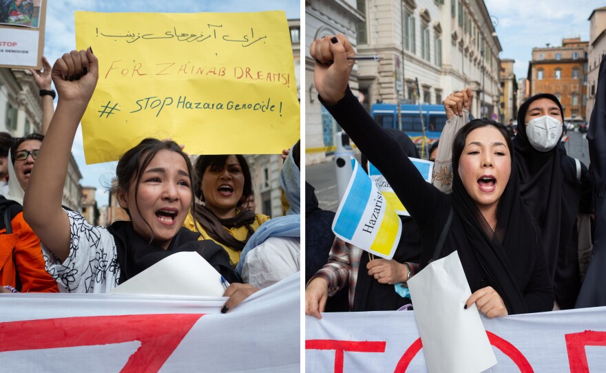Tears stream down Kamala Mohammadi's (left) face as she shouts "Stop Hazara genocide." Mohammadi, 20, and Halima Razaee (right), 21, fled Afghanistan because of persecution of their Hazara community by the Taliban. They arrived in Rome in July 2022 and they are studying filmmaking at Rome's Roma Tre University.