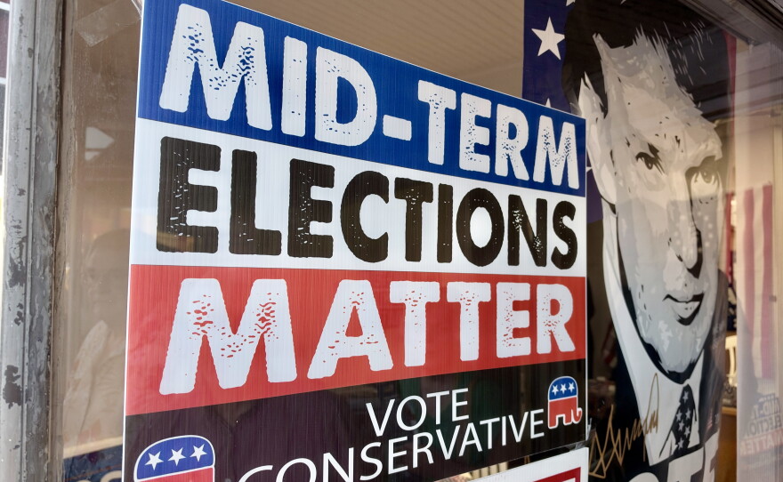 A sign seen on a Kansas GOP bus tour across the state to bolster Republican candidates in an unusually competitive year. Kansas has a Democratic governor and Republican U.S. Senators but recent polls show voters could elect a Republican governor and Democratic U.S. Senator this year.