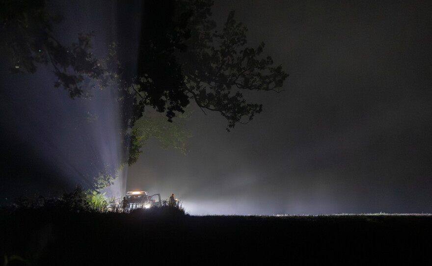 Lithuanian soldiers are securing the area where Italian fighter jets during NATO's Baltic Air Policing Mission shot down a drone early this morning near Pratkunai village, Kaisiadorys district some 90km (55,9 miles) northwest of the capital Vilnius, Lithuania, Tuesday, Sept. 15, 2026.
