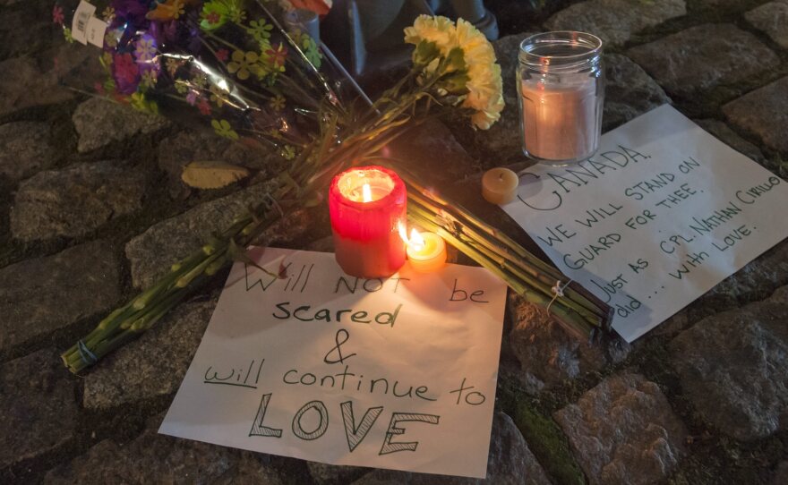 A makeshift memorial sits on a downtown street a block away from Canada's National War Memorial in Ottawa to remember Canadian soldier Nathan Cirillo, who was shot and killed by an assailant Wednesday.