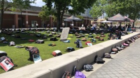 Backpacks spread throughout Curran Plaza at San Diego City College for the "Send Silence Packing" suicide display, May 9, 2018. 