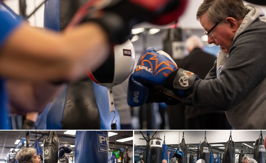 The boxing class for people with Parkinson's involves exercises like punches, squats, and jumping rope. Many of those at the Fit4 Boxing Club in Pittsburgh have been going to the gym for years, including Luanne Radermacher (bottom left).