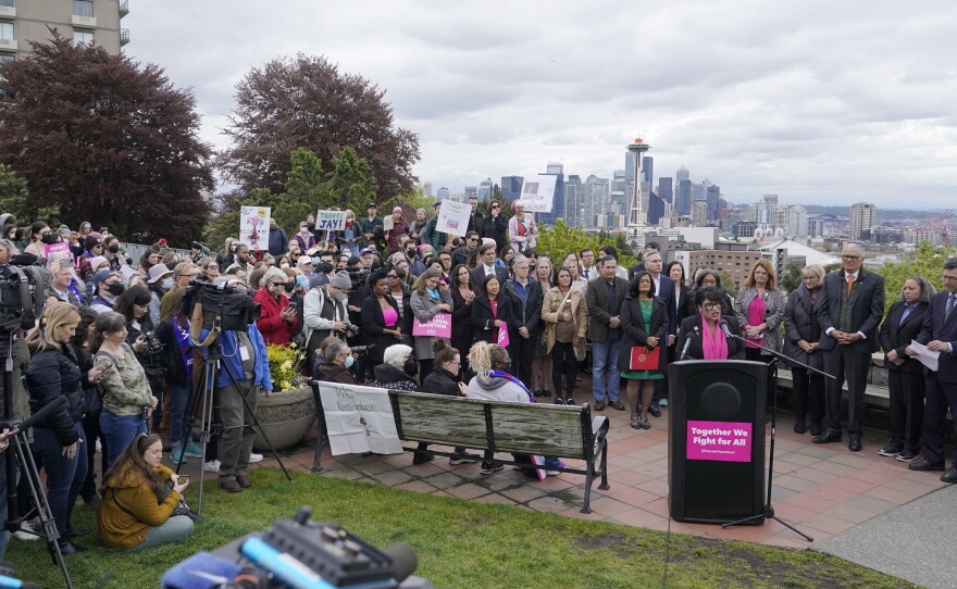 An abortion rights rally in a park overlooking Seattle in May 2022. Abortion pills will be offered in advance for future use at Planned Parenthood clinics in Washington state and Hawaii.