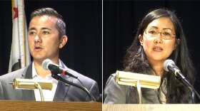 San Diego City Council District 6 candidates Republican Chris Cate, left, and Democrat Carol Kim, right, at a debate at the Mira Mesa High School auditorium, Sept. 3, 2014.
