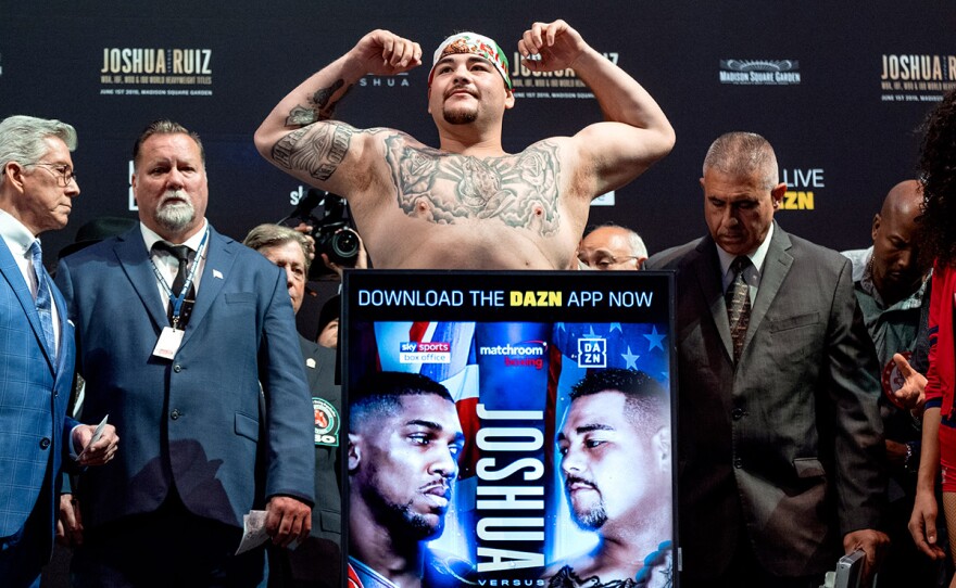 Heavyweight boxer Andy Ruiz Jr. weighs in at Madison Square Garden, Friday, May 31, 2019, before a title bout Saturday against Anthony Joshua in New York. 