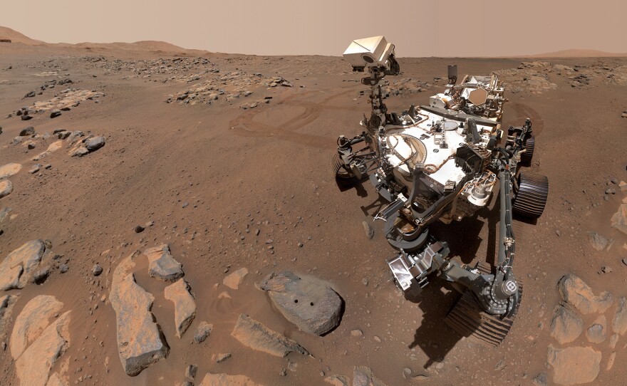 NASA's Perseverance rover took this photo next to a rock where it drilled for samples. NASA wants to bring samples collected by this rover back to Earth.