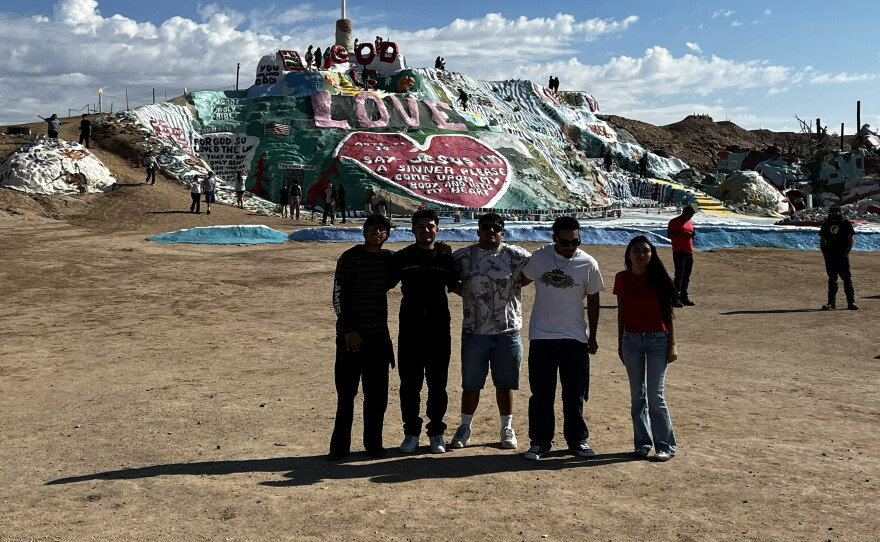 Central Union High School students Santiago Valdez, Benny Lopez, Isaac Garcia, Kenyon Thomas, and Margarita Guillen are pictured in front of Salvation Mountain in Slab City in the Imperial Valley from January 24, 2026.