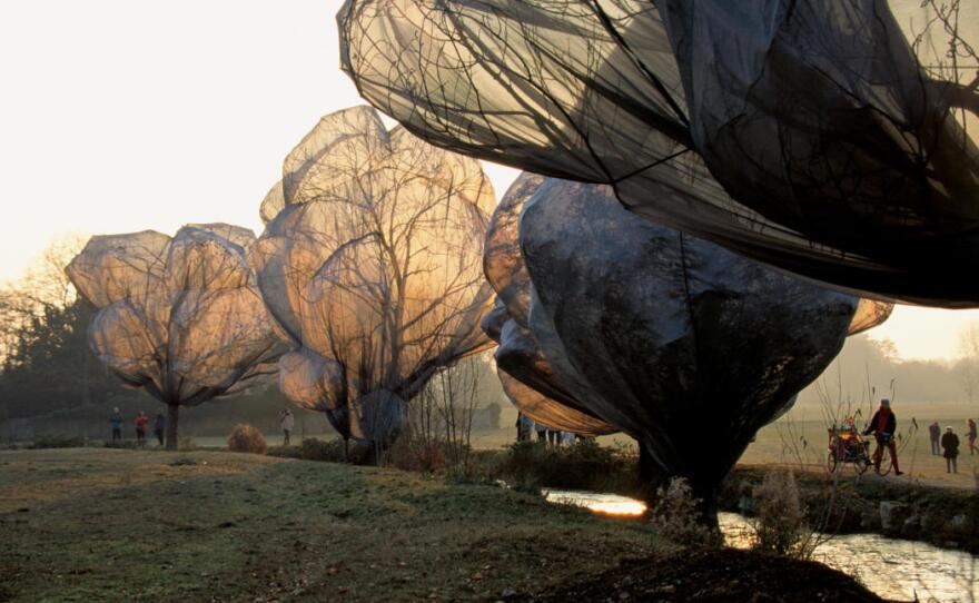 Christo and Jeanne-Claude's "Wrapped Trees" which were done in Switzerland. 
