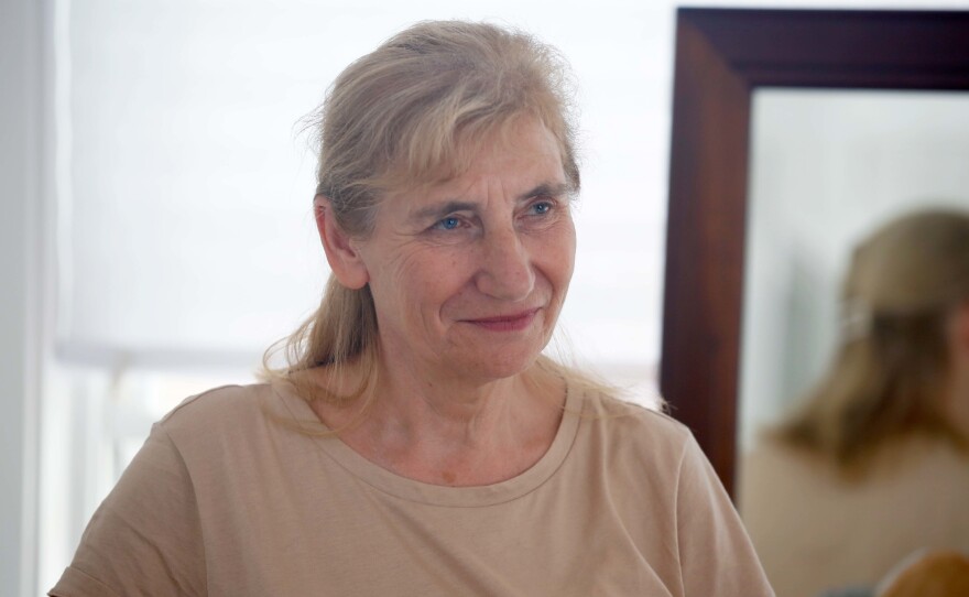 Halyna Terzi in the bedroom of her new apartment in Auburn, Maine. Terzi arrived in Maine with her husband Petro on May 16.