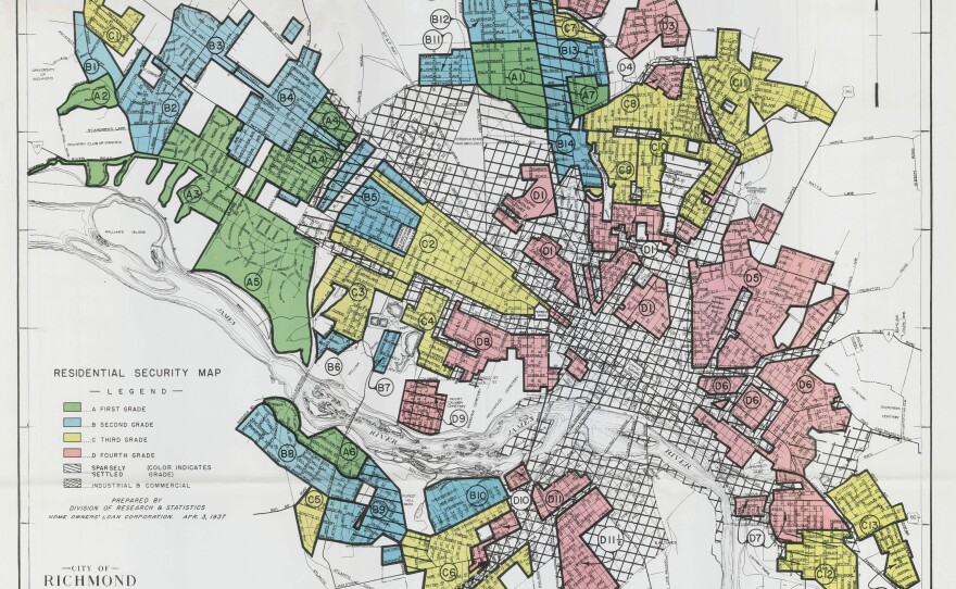 A federal government map of Richmond in the 1930's outlined neighborhoods considered risky (red) for mortgage lenders to offer loans to.