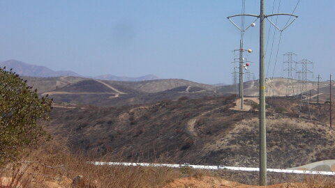 SDG&E power lines in rural San Diego appear in this undated photo.