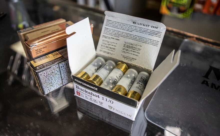 Box of ammo on display at a gun shop in Fresno County on July 12, 2022.