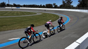 Cyclists race at the San Diego Velodrome, April 4, 2026.