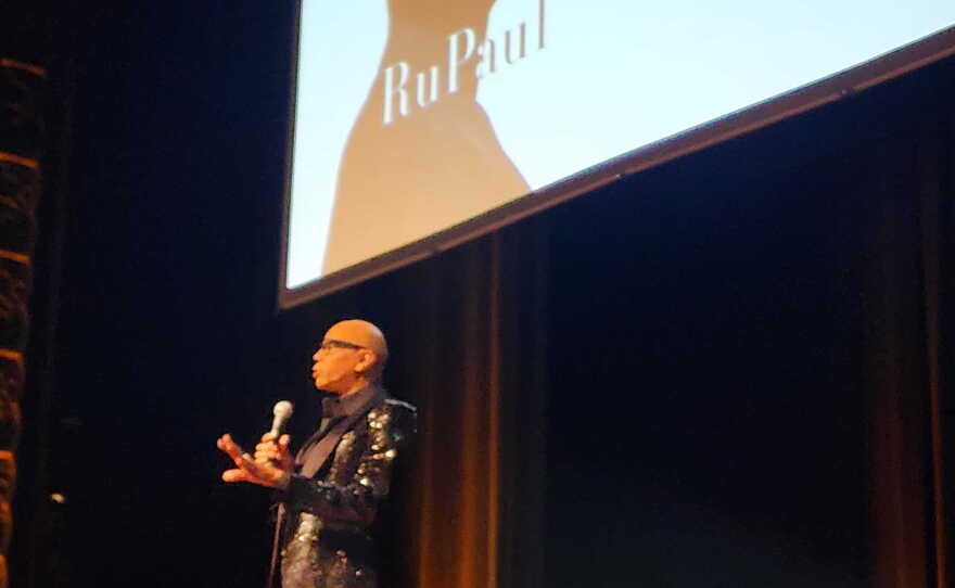 "RuPaul's Drag Race" host RuPaul speaks in front of a crowd at The Observatory on March 19, 2025 in San Diego.