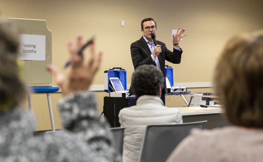 Justin Roebuck conducts poll worker training at the Ottawa County Clerk building in Michigan.