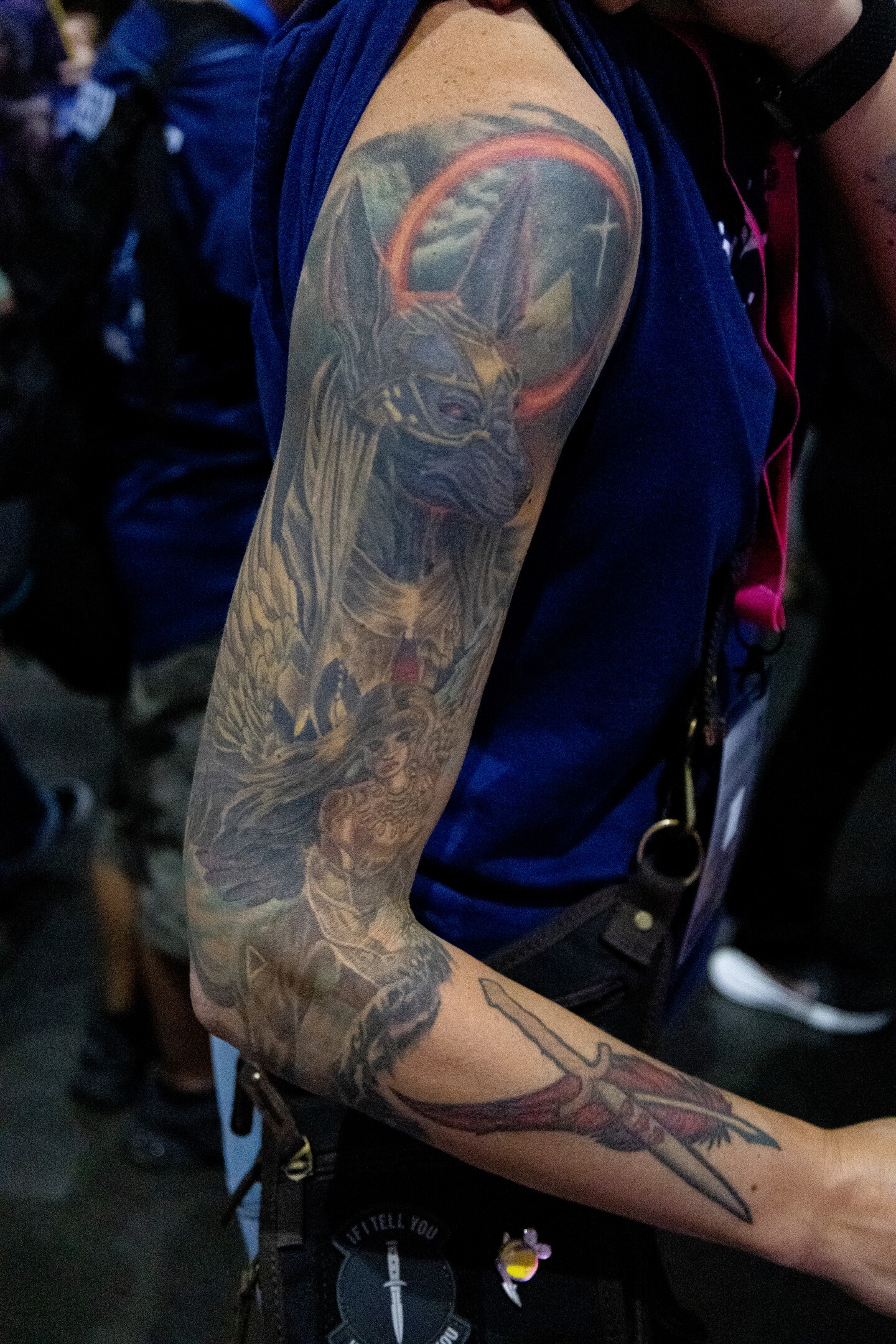 An Anubis-inspired tattoo featuring the ancient Egyptian god of the afterlife is displayed on an attendee at Comic-Con, July 24, 2026.
