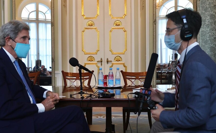 U.S. Special Presidential Envoy for Climate John Kerry is interviewed by NPR's Lucian Kim on Thursday at Spaso House, the official Moscow residence of the U.S. ambassador to Russia.