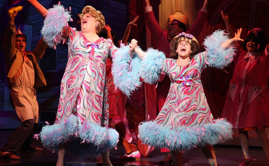 Harvey Fierstein and Marissa Jaret Winokur onstage in the musical <em>Hairspray</em> in 2008, with costumes by William Ivey Long.