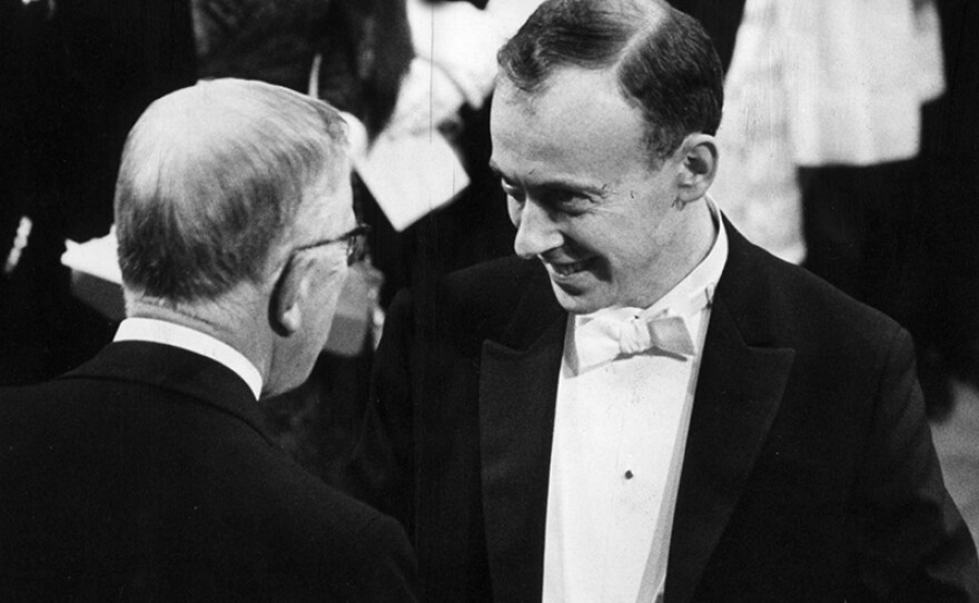 James Watson (right) receiving the Nobel Prize for Physiology or Medicine in 1962 for discovering the structure of DNA. He shared the prize with Francis Crick and Maurice Wilkins.