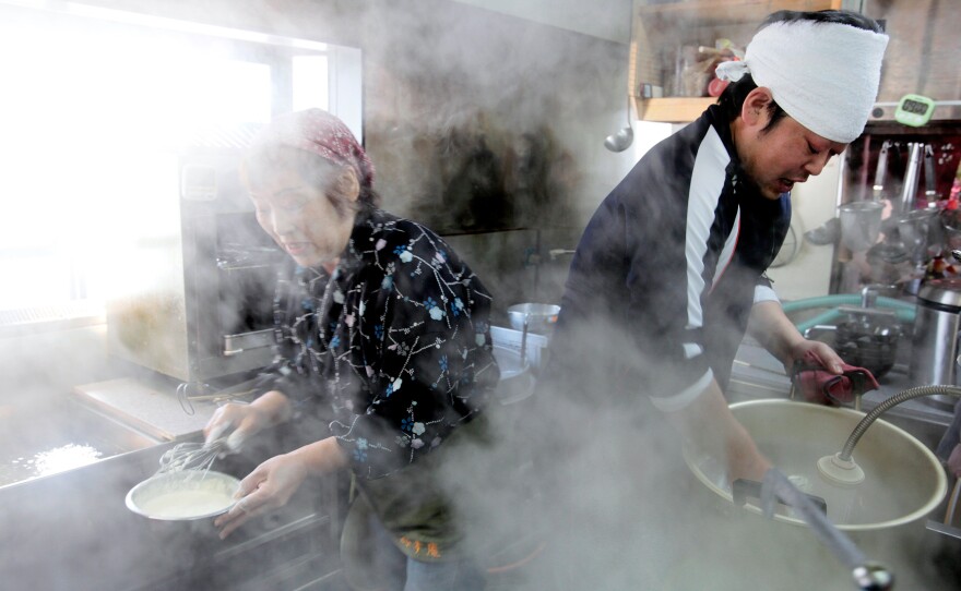Yoshiharu and Chiyoko Takahashi and their son, Hiroshi, are evacuees from Iitate village. They reopened their noodle restaurant, Ebisu-An, which was the oldest restaurant in the village. It was opened by Yoshiharu Takahashi's father 63 years ago.