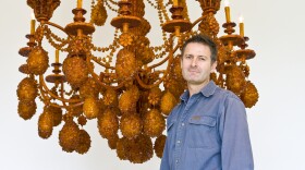 Sculptor Timothy Horn in front his 2008 sculpture "Diadem," a chandelier covered in 300lbs of crystallized rock sugar. "Diadem" is currently on view at the Lux Art Institute in Encinitas where Horn is artist-in-residence.  