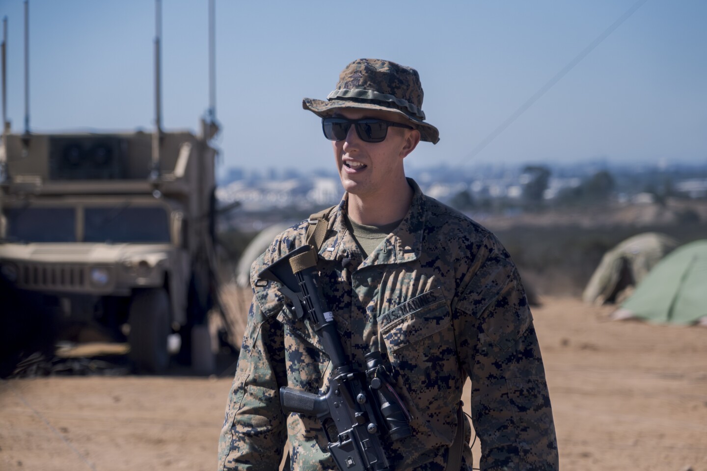 1st Lt. Chandler Bienek in the eastern part of Marine Corps Air Stations Miramar, just east of the I-15 freeway in the hills overlooking San Diego during an exercise, Oct. 22, 2024.
